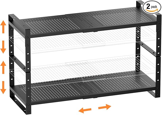 Cabinet Organizer Shelf,Expandable Adjustable Stackable Kitchen Organizer,Metal Shelf risers for cabinets, Kitchens and desks(2Packs/Black/Medium)