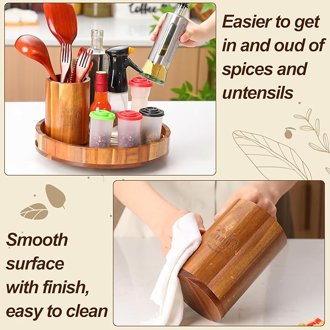 12" Lazy Susan Wooden Revolving Spice Rack with Utensil Holder, Turntable Kitchen Organizers and Storage for Counter Refrigerator Pantry Cabinet Cupboard, Farmhouse Kitchen Decoration, Brown