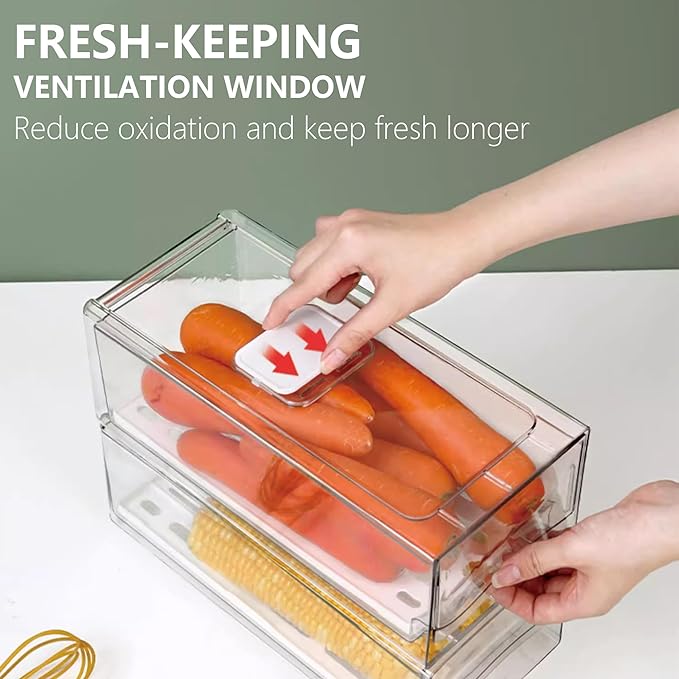 2 Pack Fruit Storage Containers for Fridge with Drain Board, Stackable,Refrigerator Organizers and Storage,Reusable Food Storage Containers,Fridge Drawer for Produce,Fruit,Vegetable,BPA-Free