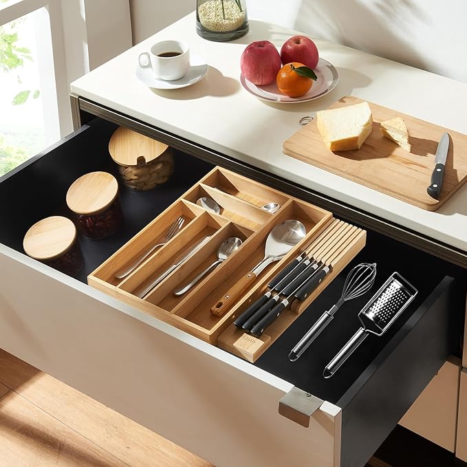 Small-Bamboo-Silverware-Drawer-Organizer, Expandable Utensil Kitchen Cutlery Tray Flatware Organization Adjustable Wood Tableware Dividers Storage (with Removable Knife Block)(Natural)
