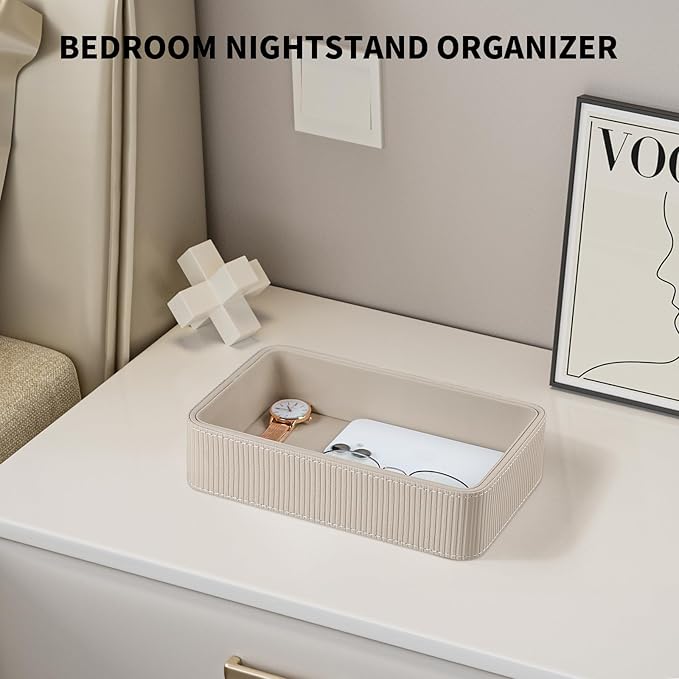 PU Leather Valet Tray Organizer, Small Nightstand Organizer Bedside Desktop Storage for Womens and Men, Perfume Trinket Catchall Vanity Tray for Key Watch Wallet (Beige, Rectangular)