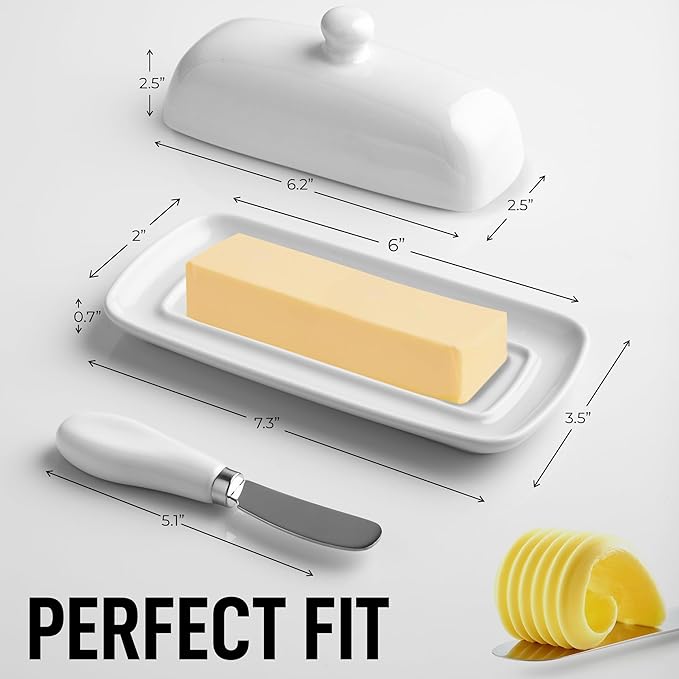 Zulay Butter Dish With Lid For Countertop - Porcelain White, Ceramic Butter Dish with Knob Handle Great for Cooking - Elegant Design Butter Holder - Durable & Sturdy Butter Keeper - White
