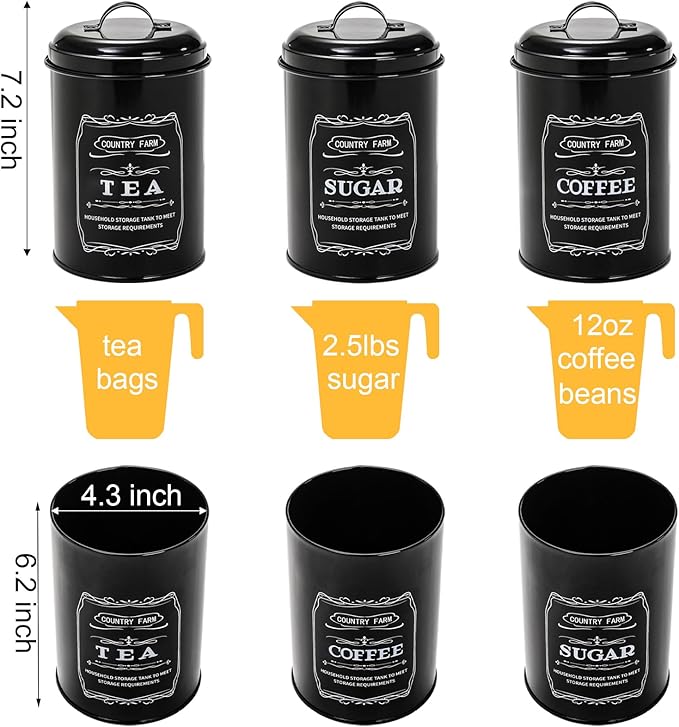 yarlung Metal Bread Box with 3 Kitchen Canisters Set, Large Black Farmhouse Bread Tin for Kitchen Countertop, Coffee Tea Sugar Canister with Lid for Pantry Organizer Home Storage