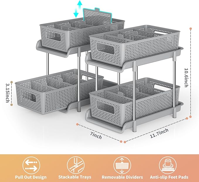 Bathroom Organizer with Dividers, 2Pcs 2 Tier Stackable Under Sink Organizers and Storage Cabinet Organizers for Bathroom Kitchen Pantry Organization and Storage, Medicine Cabinet Organizer