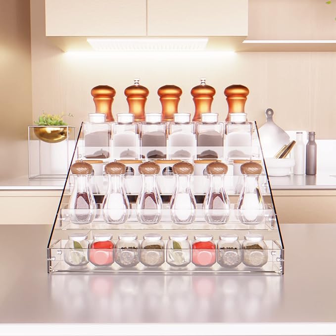 Tiered Spice Rack Acrylic, 5 Tier Clear Spice Rack Organizer for Cabinet, Vertical Spice Rack Shelf Durable Kitchen Seasoning Organizer for Countertop, Cabinet, Pantry, Kitchen Storage (5 Tier)
