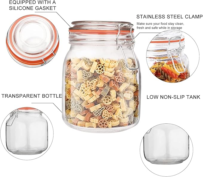 Encheng 32 oz Glass Food Storage Jars with Airtight Lids,Clear Airtight Canister with Leak Proof Rubber Gasket,1000 ml Square Large Mason Jars with Clamp Lids for Canning,Cereal,Beans,6 Pack