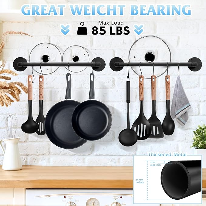 Pot Pan Rack Wall Mounted Set of 2, 21" Industrial Pipe Utensils Hanger Holder Pots Storage Organizer Iron Detachable Hanging Rail for Kitchen with 10 S Hooks…