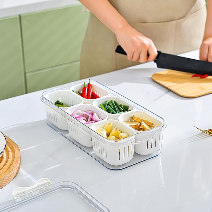 MANO Serving Trays for Party Divided Veggie Tray with Lid Sealed Sectioned Fruit Snack Serving Platter Vegetable Storage with 6 Compartments Snackle Box Charcuterie Container Fridge Organizer