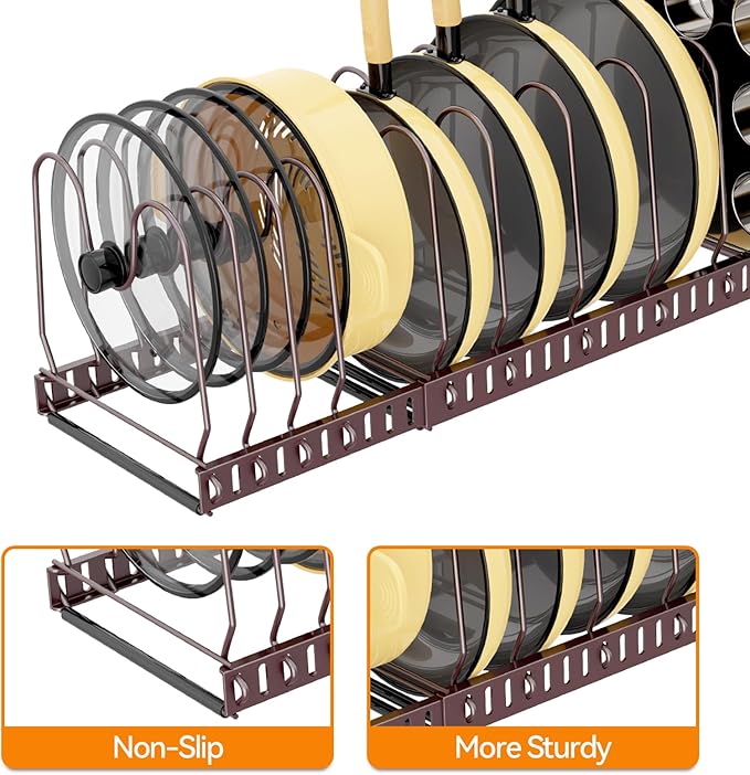 Pot And Pan Organizer Under Cabinet, Expandable Pans and Pots Organizer Rack Pot Lid Holder Shelf with 12 Different Size Dividers (12 Brackets-Brown)