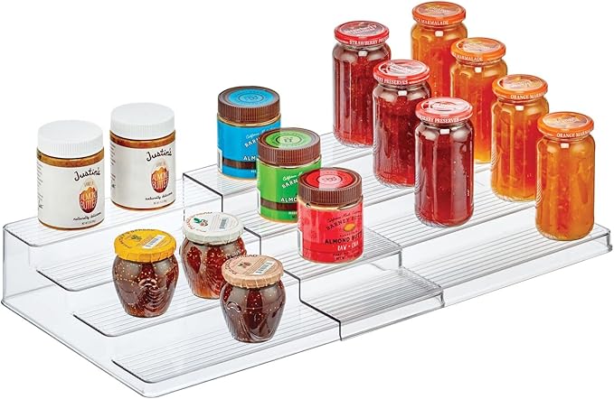 mDesign Plastic Adjustable, Expandable 4-Tier Kitchen Cabinet, Pantry, Shelf Organizer/Spice Rack - Storage for Spice Bottles, Jars, Seasonings, Baking Supplies, Lumiere Collection - Clear