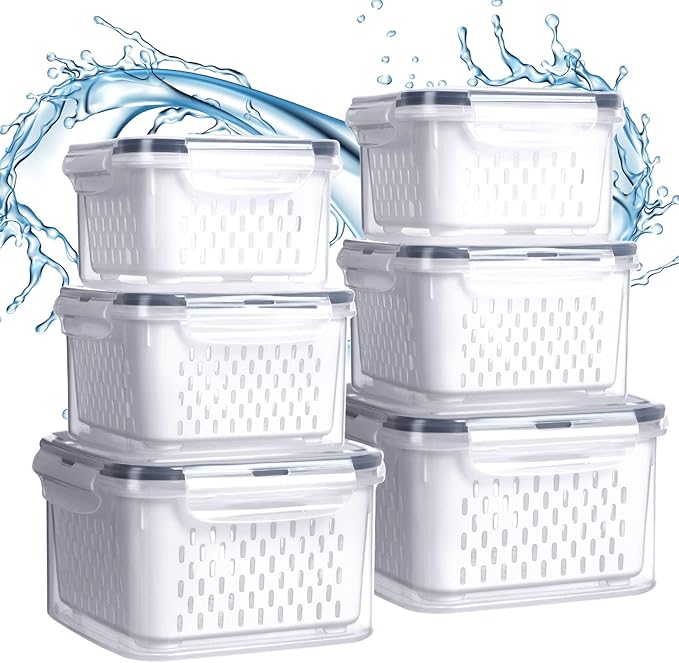 6 Pcs Fruit Storage Containers for Fridge, Food Storage Containers Berry Produce Fridge Organizer with Removable Colander Keep Fruits, Vegetable, Veggie, Meat Fresh Longer(Small, Medium, Large)