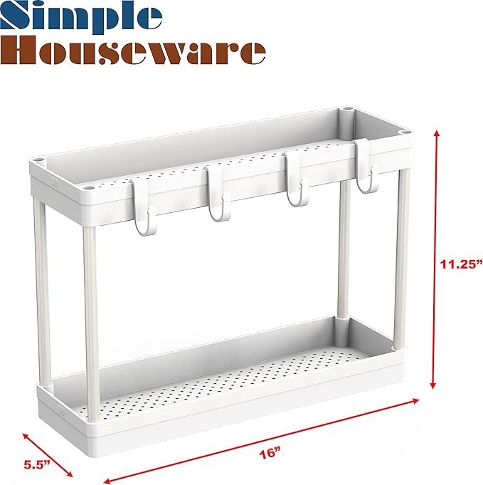 Simple Houseware 2-Tier Under Sink Organizer Storage Tray with Hooks, White