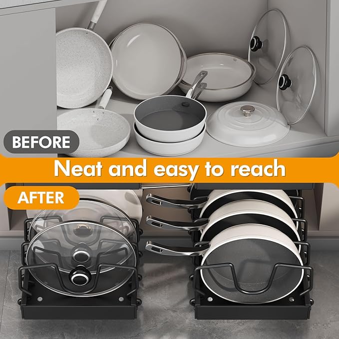 2 Pcs Pull-Out Pots and Pans Organizer Under Cabinet, Pot and Pan Organizers Inside Cabinet for Kitchen Cabinet Storage and Pots Storage Rack Pans Lid Dishes Holder Bakeware Organizer with Slide Rails