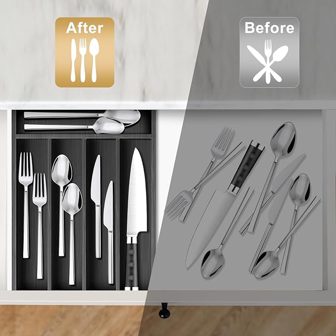 Black Wood Kitchen Silverware Organizer Tray Utensil Organizer Wooden Cutlery Tray Spoon and Fork Flatware Organizer for Drawer Bamboo Silverware Divider Storage Container Utensil Holder Drawer