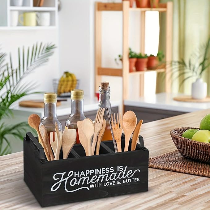 Utensil Caddy for Parties, Wood Silverware Caddy for Party, Paper Plate Caddy, for Kitchen Silverware Cups, Forks, Spoons, Plates, Napkins, for Kitchen Counter, Party, Camping, Picnic