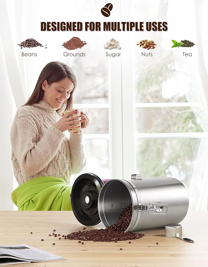 Airtight Coffee Canister, HAIOOU 22OZ Large Stainless Steel Coffee Bean Storage Container with Date Tracker, Measuring Scoop, 6Pcs CO2 Valves and Mini Tongs for Beans, Grounds, Sugar and more - Silver