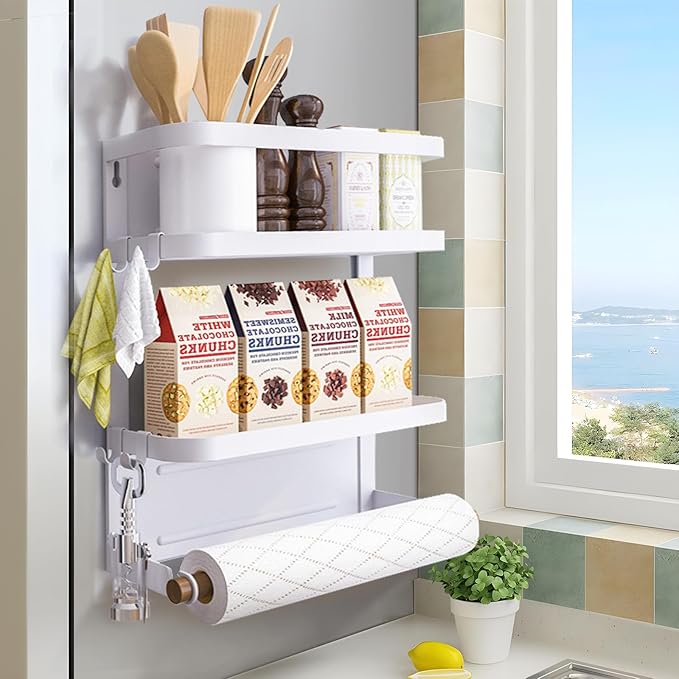 Magnetic Spice Rack for Refrigerator White Magnetic Paper Towel Holder for fridge Magnetic Shelf Magnetic Shelves Fridge Magnet Organizer Spice Rack Kitchen Organization Kitchen Storage