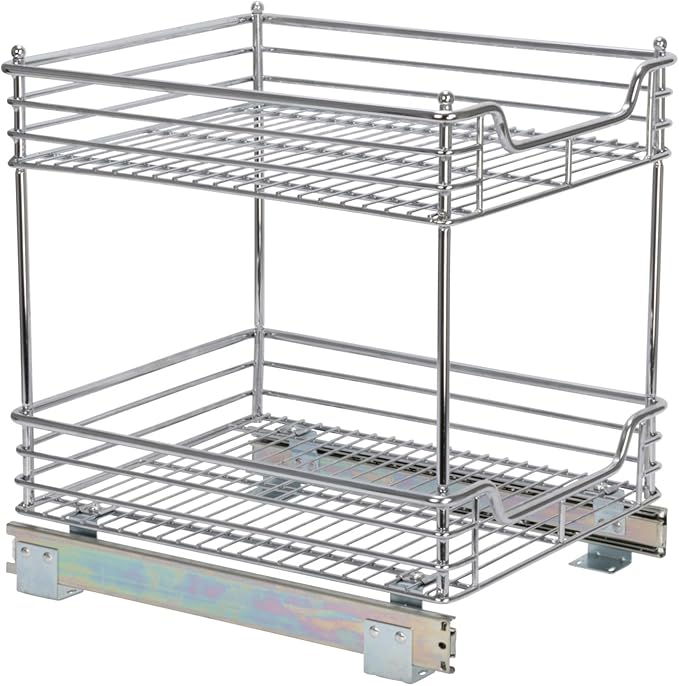 Household Essentials Glidez Multipurpose Chrome-Plated Steel Pull-Out/Slide-Out Storage Organizer for Under Cabinet Use - 2-Tier Design - Fits Standard Size Cabinet or Shelf, Chrome