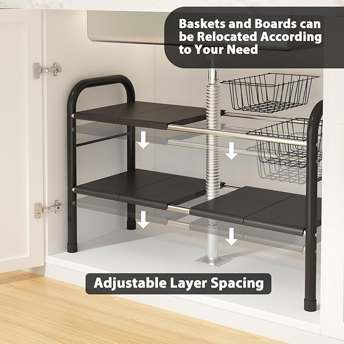 Expandable Under Sink Organizer, 2 Tier Under Sink Shelf with 2 Removable Baskets and 6 Removable Panels for Cabinet Sink Cloakroom Wardrobe Closet Storage(Black, 17.71”-32”Length
