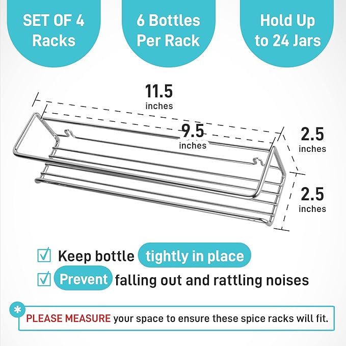 Spice Rack Wall Mounted 4 Tier – Space-Saving Kitchen Spice Organizer for Seasonings – Screw or Adhesive Hanging – Wall Mount Hanging Spice Rack for Wall, Cabinet, Pantry Door