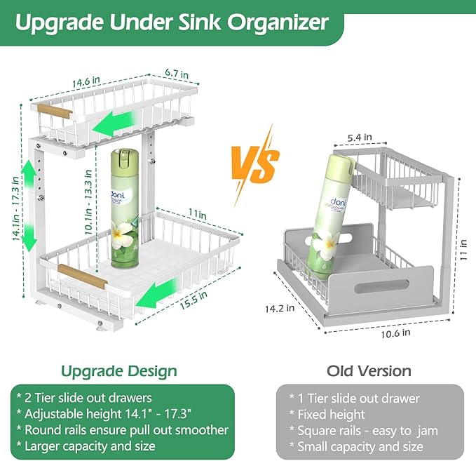 ADRIMER Under Sink Organizer 2 Packs, Pull Out Kitchen Sink Organizer, 2 Tier Slide Out Kitchen Organizers and Storage Bathroom Under Cabinet Storage Shelf, White