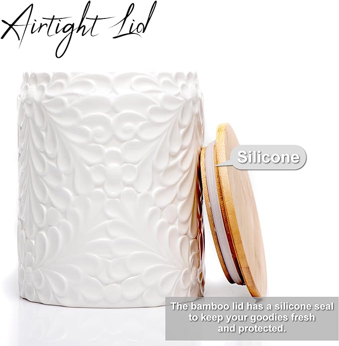 Small Engraved Ceramic Kitchen Canister - Storage Jars with Airtight Lids Made from Bamboo with Nature-Inspired Engraving - Use as a Pasta Holder, Coffee Ground Holder, Rice Container - 30 Ounces
