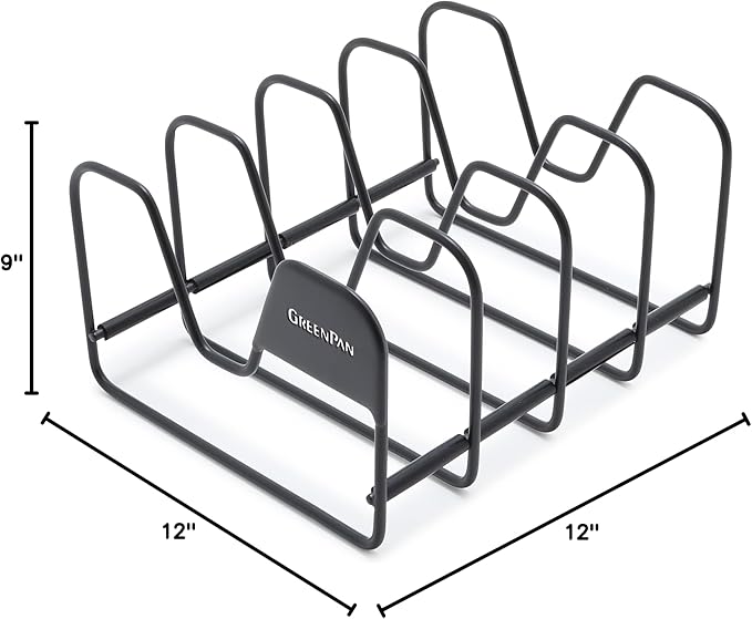 GreenPan Stainless Steel Wire Pots and Pans Lid Storage Rack, Holds 4 Lid Covers, Easy Storage, Countertop or Cabinent Organizer, Minimizes Clutter, Fast Drying, Wipes Clean, Black