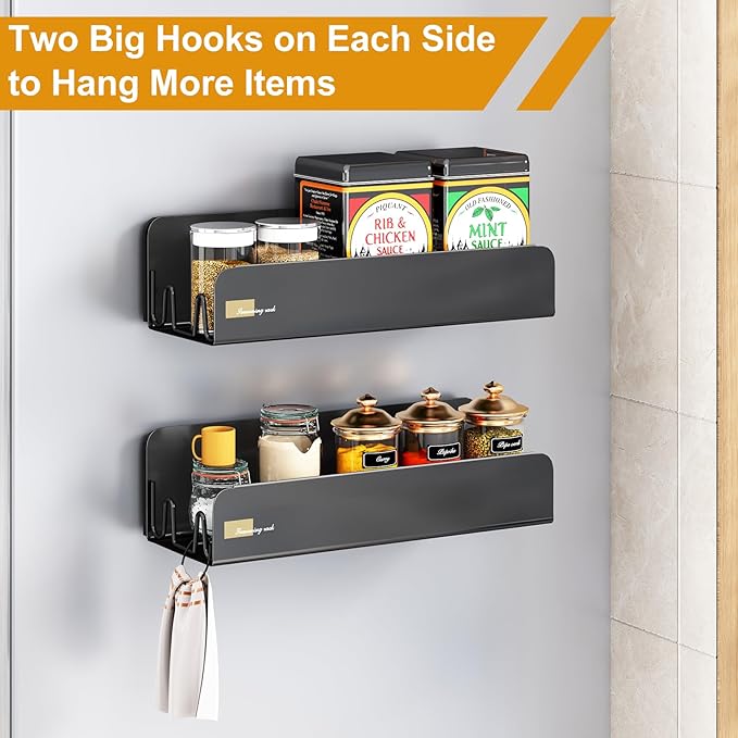 Magnetic Spice Rack for Refrigerator, Magnetic Shelf Fridge Spice Rack Organizer 2 Pack with 8 Hooks, Moveable Strong Magnetic Seasoning Organizer and Shelf for Kitchen Refrigerator Microwave