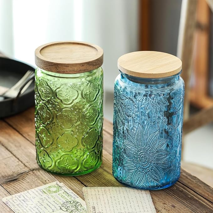 ANSQU 34oz Blue Glass Container, Candy Jar with Lid, Vintage Colored Mason Jars for Kitchen Decorative Jar for Coffee Tea Candy Cookies, Cute Jar (Blue, 1 Pack)
