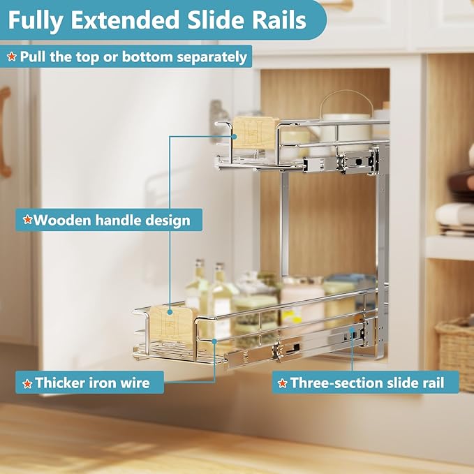 LOVMOR 2 Tier Pull Out Cabinet Organizer 7½" W x 21½" D, Slide Out Drawers with Wooden Handle, Sliding Shelves Organization and Storage for Kitchen, Pantry