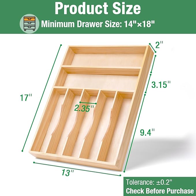 Silverware Organizer, Kitchen Drawer Organizer 13"× 17" Pine Wood Utensil Holder and Cutlery Tray with Grooved Drawer Dividers, 7 Compartment Utensil Tray Wood Caddy for Flatware Forks Spoon, Knives