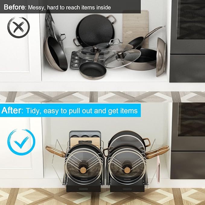 Golener Pots and Pans Organizer Under Cabinet - Pull Out Pot Pan Organizer Cabinet Pro, Pot Lid Holder for Kitchen, Slide Out Cabinet Organizer with Adjustable Dividers, Handles Bracket and Pull Shelf