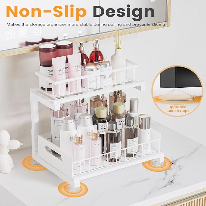 2 Pack Under Sink Organizer, 2-Tier Heavy Duty Metal Pull Out Cabinet Organizer Slide Out Sink Shelf Organizer Height Adustable, Multi-Purpose Storage Shelf for Kitchen Bathroom (White, 2 Pack)