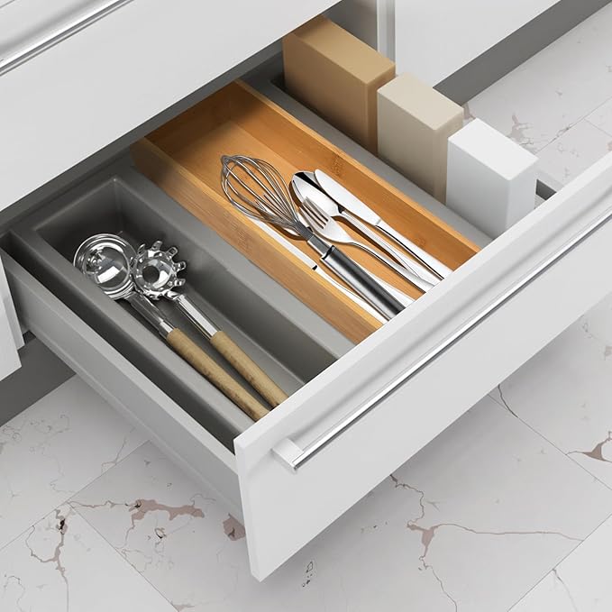 Bamboo Drawer Organizer - Kitchen Drawer Utensil Organizer Office Supplies Desk Organizer Makeup Silverware Tray Flatware Organization 12"*4"*2"