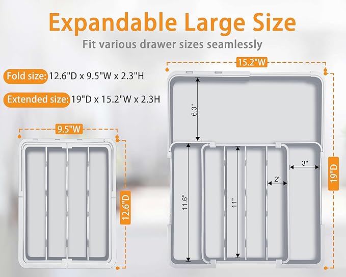 Homecor Kitchen Drawer Organizer, Expandable Silverware Drawer Organizer, Adjustable Utensil Organizer Tray, Cutlery Organizer for Forks, Knives, Kitchen Organizers and Storage, Grey