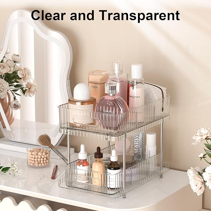 Fowooyeen 2 Pack Bathroom Cabinet Organizer, 2 Tier Pull Out Clear Under Sink Organizers and Storage, Multi-Purpose Kitchen Pantry Medicine Organization and Storage Shelves Bins with Movable Dividers