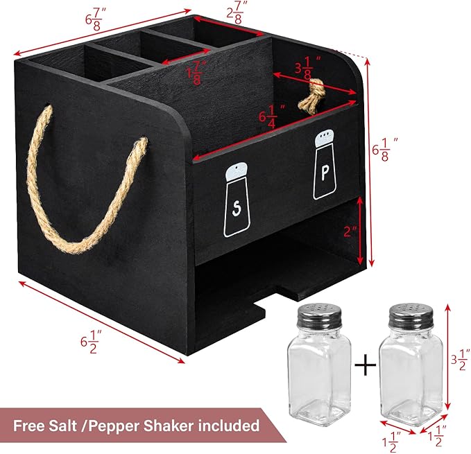 Ikee Design Wooden Utensil Caddy with Handles, Includes Salt Pepper Shaker,Silverware Caddy,Silverware Holder Organizer for Countertop,Party,Camping and Kitchen,Picnic Cutlery Holders,Black Color
