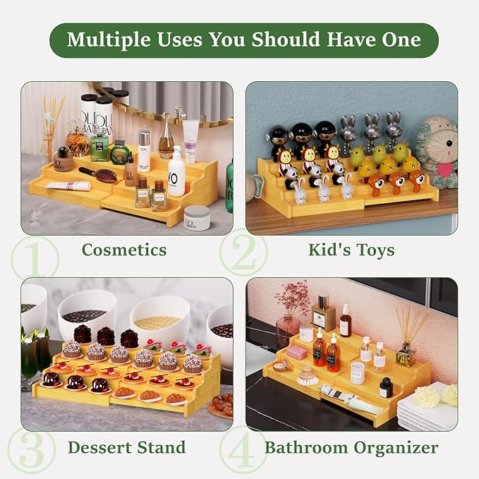 Spice Rack Organizer for Expandable 4-Tier, 2 Pack Adjustable Bamboo Spice Storage for Kitchen Cabinet, Pantry and Countertop Organization, Natural