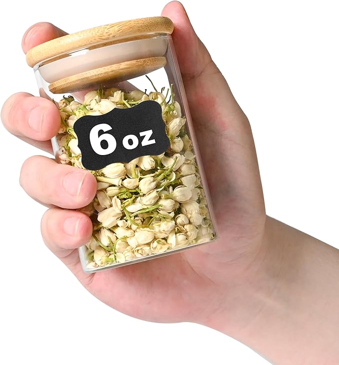 6oz Glass Food Storage Jars, Glass Jars with Bamboo Lids, Kitchen Storage Jars, Set of 6, Canisters with Airtight Lids for Spice, Coffee, Cookie, Pantry Organizers