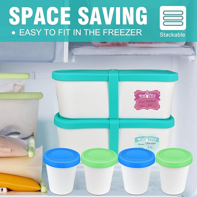Walfos Ice Cream Containers for Homemade Ice Cream - 1.6 Quart & 8 oz. Set, Bonus Sealing Bands Keeping Silicone Lids Airtight, Reusable Ice Cream Tubs, Stackable Freezer Storage Container - Blue