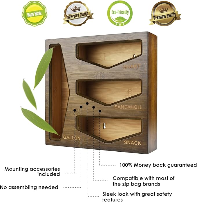 Cozee Bay Bamboo Bag Storage Organizer for Kitchen Drawer, Baggie organizer, Compatible with Gallon, Quart, Sandwich and Snack Variety Size Bags (Vintage Brown)