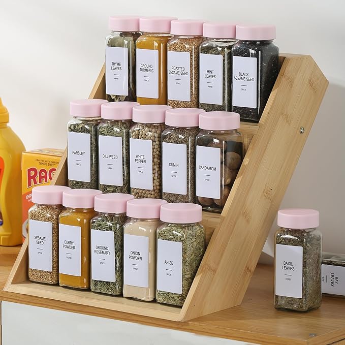 36 Glass Spice Jars with Labels,Spice Jar Set,4oz Seasoning Containers,Spice Containers with Pink Airtight Lids and Shaker Lids,Square Empty Spice Bottles, 492 Labels,2 Marker Pens,1 Funnel