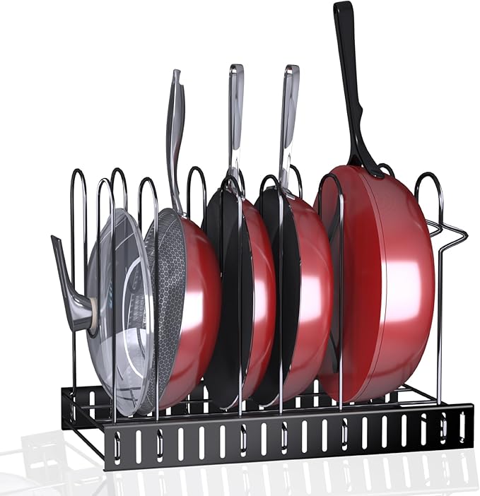 Pots and Pans Organizer for Under Cabinet, 8 Tier Adjustable Pot Organizer Rack for Under Cabinet, With Drain Tray Placeable Cookware Organizer Baking Cookie Cutting Board, 3 DIY Pot Rack Organizer