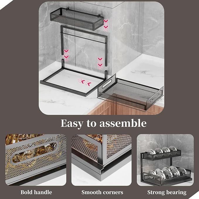 Undersink Organizers 2-Tier Under Cabinet Pull Out Storage with Sliding Out Drawers, Under Sink Organizer for Bathroom Kitchen Durable Wire Rack Shelf Space-Saving Organization, White 1 Pack