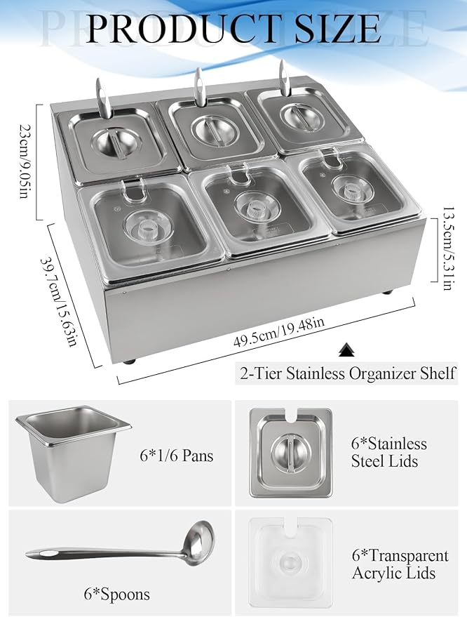 Lanstics 6 Pans Spice Rack Shelf 2 Row Stainless Steel Spice Organizer Stand with Lids Spoons Countertop Inclined Holder Buffet Containers Set for Sauce Jam Fruits Ingredient Kitchen Restaurant Pantry