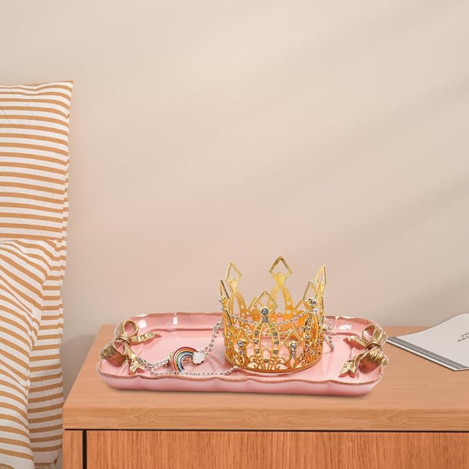 Vintage Decorative Tray Jewelry Tray Towel Tray Storage Tray Rings Necklace Bracelets Earrings Trays Cosmetics Jewelry Organizer Retro Design Bow Decor Resin Plate Coquette Room Decor (Pink)