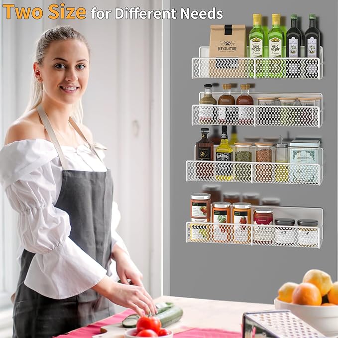 Magnetic Spice Rack for Refrigerator, 4 Pack Metal Magnetic Shelf, Super Magnetic Spice Organizer, Moveable Space Saving Shelves for Home, Durable Kitchen Organization and Storage Racks, White