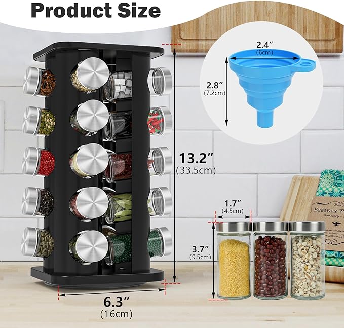 Rotating Spice Rack Organizer, Spice Tower for Countertop, Revolving Spice Rack Set for Cabinet, Black Steel Kitchen Seasoning Organizer with 20 Jars and Funnel Square-round
