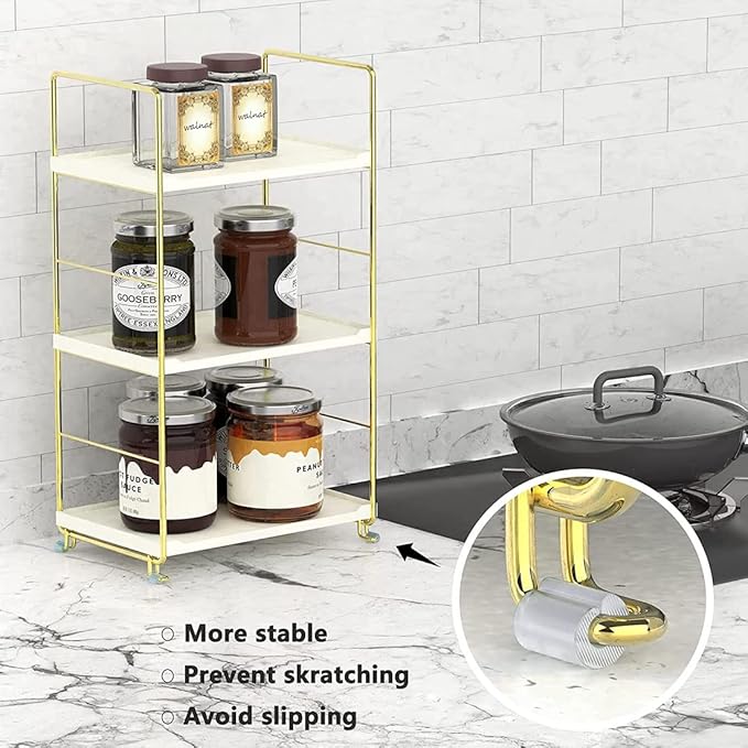 3-Tier Kitchen Spice Rack, Freestanding Stackable Organizer Shelf, Bathroom Countertop Storage Shelf, Cosmetic Organizer Holder, Square Standing Rack (Golden)