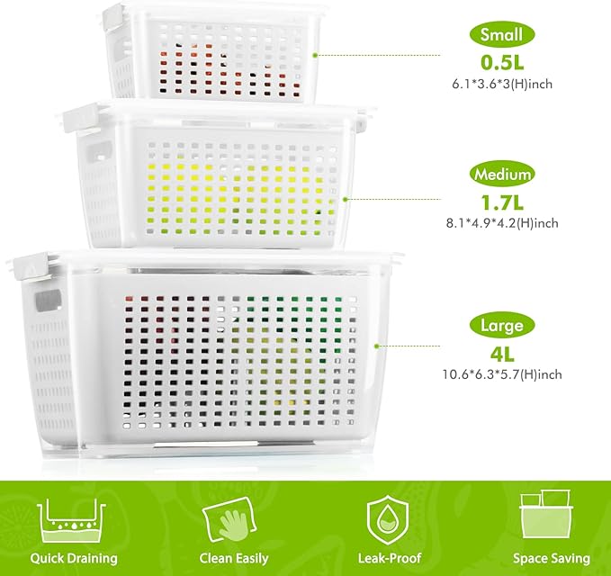 LUXEAR Produce containers for fridge,3 Set Fruit Containers with Removable Colander, BPA-Free Produce Saver Containers with Lids Dishwasher&Microwave Safe Keep Fruits, Vegetables, Berry, Fresh Longer